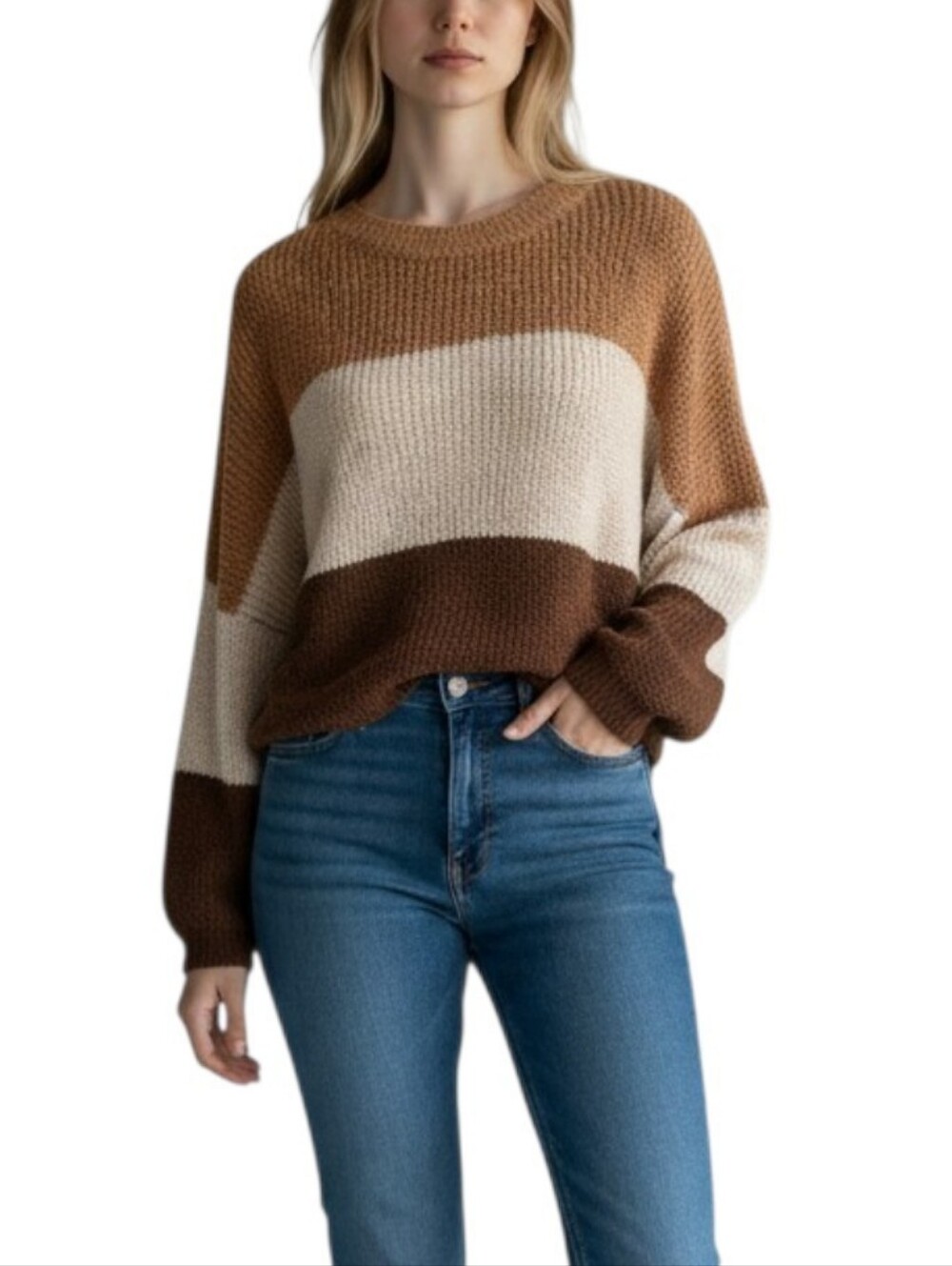 Debut Women’s Brown & Cream Colorblock Crewneck Sweater Cozy Knit Pullover L